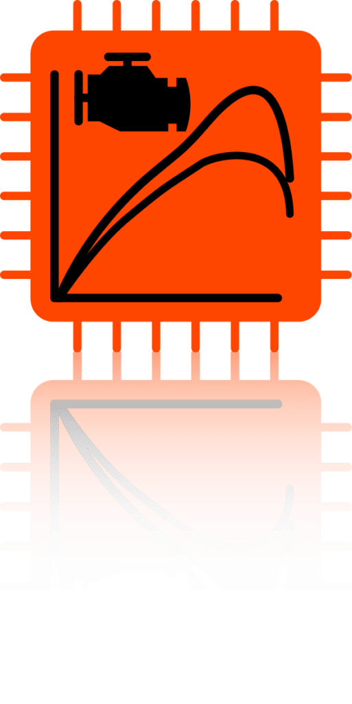 Module électronique moteur avec icône moteur et graphiques de puissance/couple avant et après optimisation.