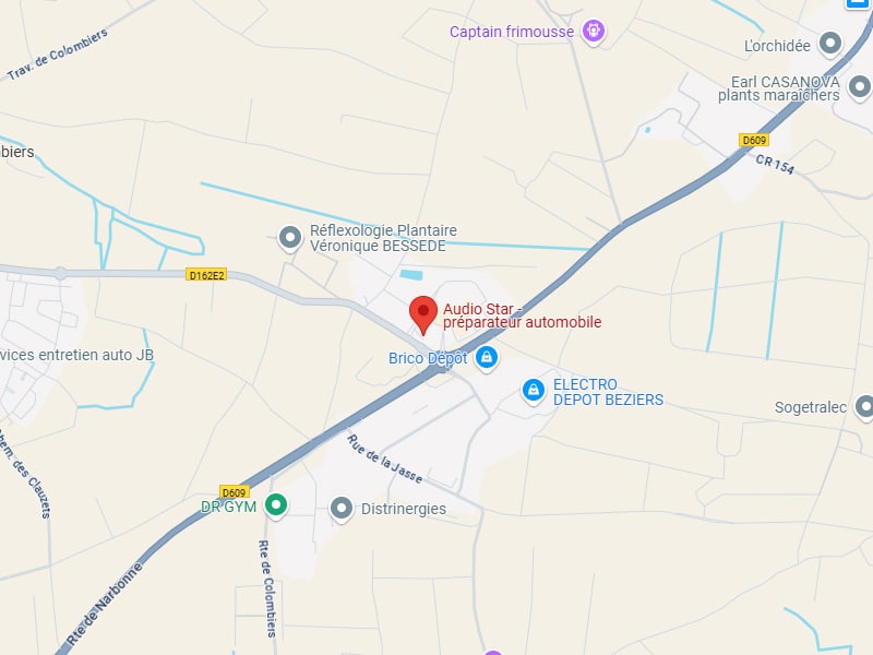 Audio Star Béziers: Carte de Localisation Précise Carte de localisation Audio Star préparateur automobile, D609/D162E2, Béziers. Proche Brico Dépôt, Electro Dépôt, DR'GYM. Zone commerciale.