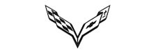 Logo Emblème Corvette Chevrolet - Voitures Sportives Emblème Corvette stylisé en forme de V blanc sur fond noir, avec drapeau à damier à gauche et logo Chevrolet à droite.