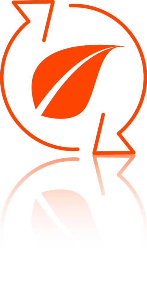 Symbole de recyclage organique avec deux feuilles orange stylisées entourées de flèches circulaires.