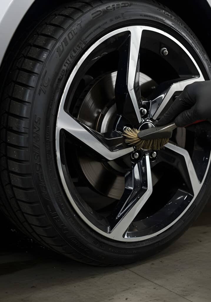 Close-up of car rim being cleaned with detailing brush
