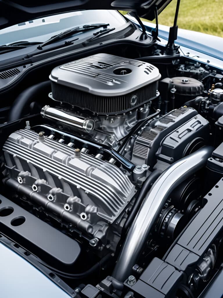The powerful engine of a car. Internal design of engine. Car engine part. Modern powerful car engine.